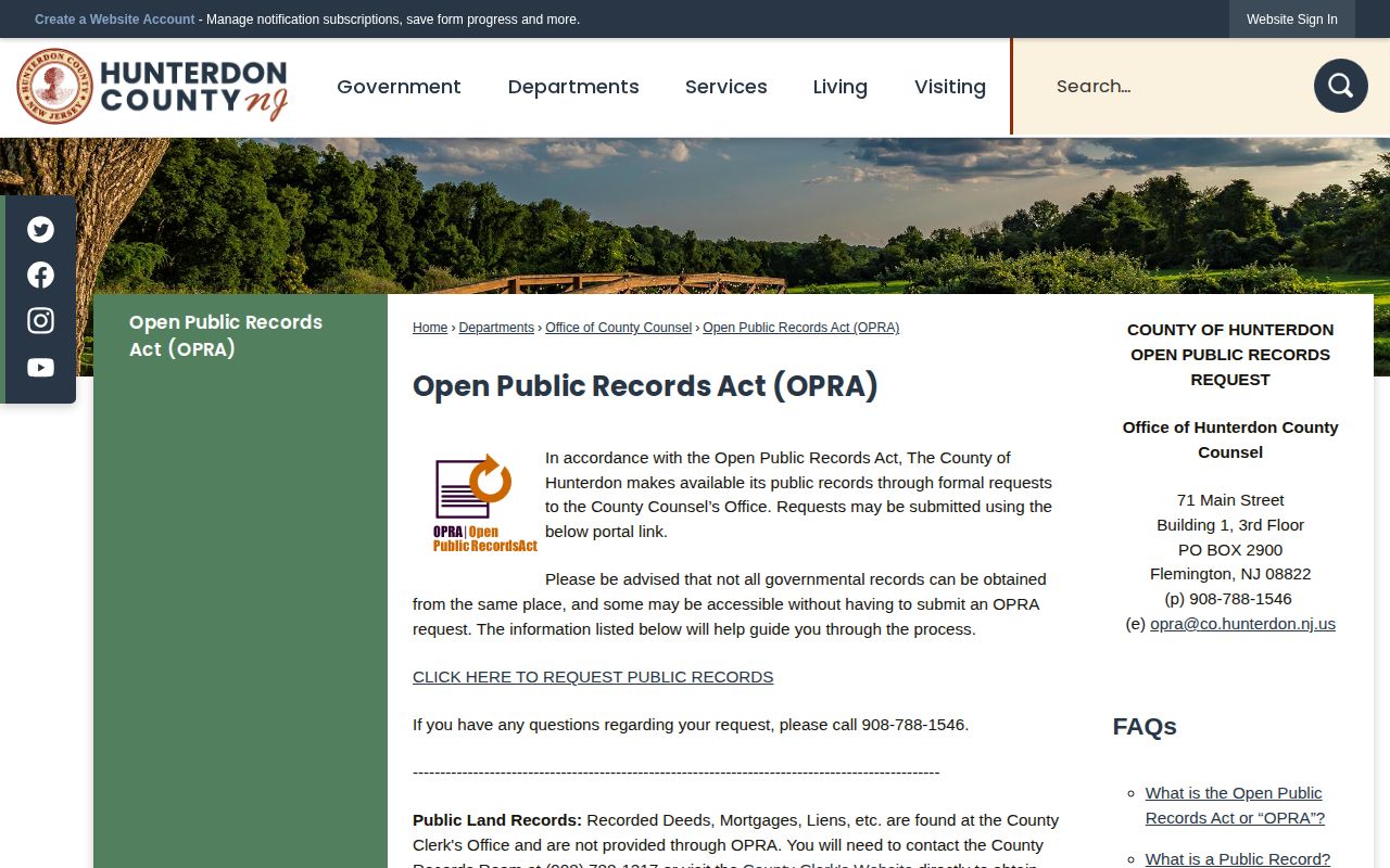 Hunterdon County release record OPRA request page