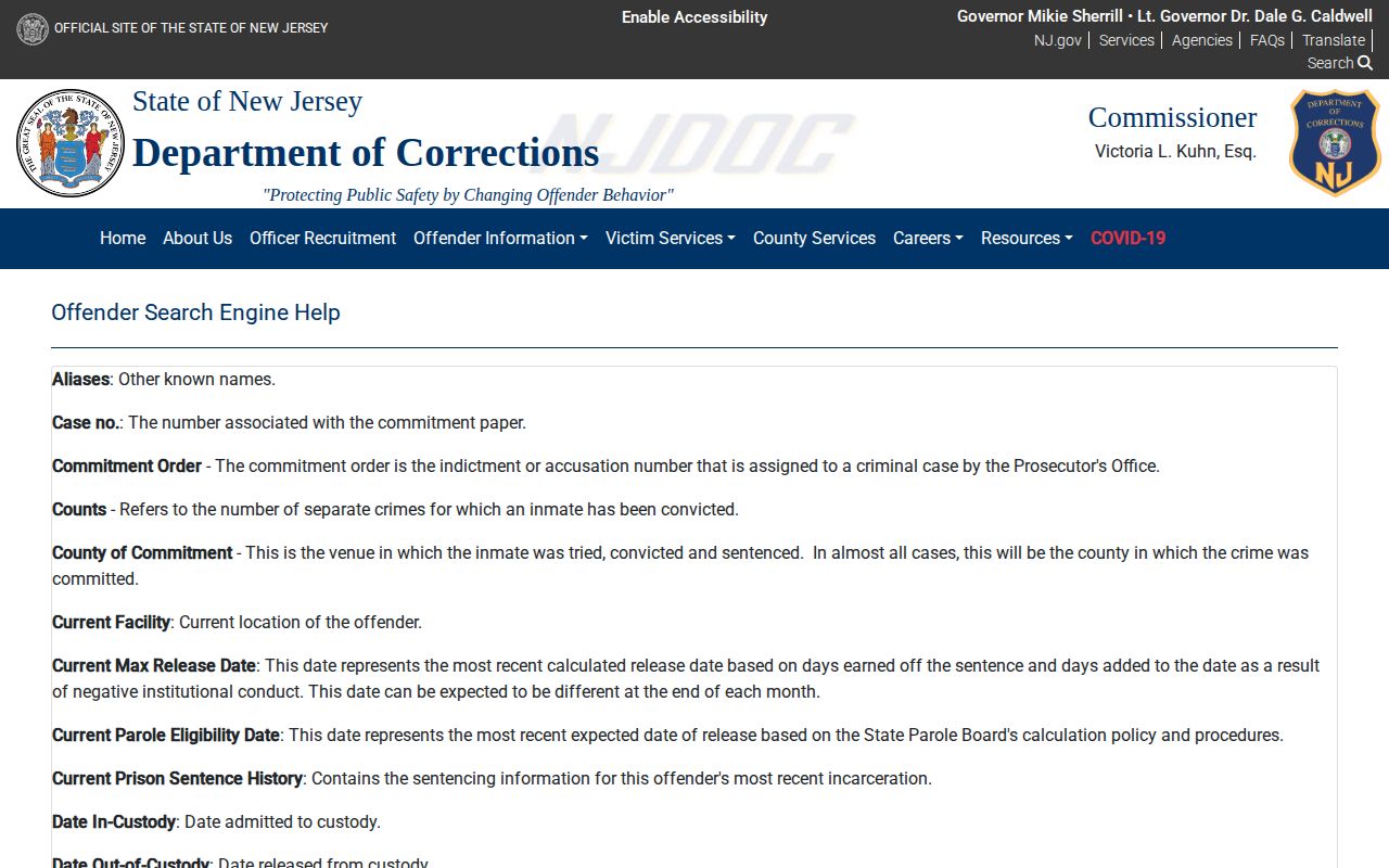 NJDOC release date field definitions for Edna Mahan Correctional Facility