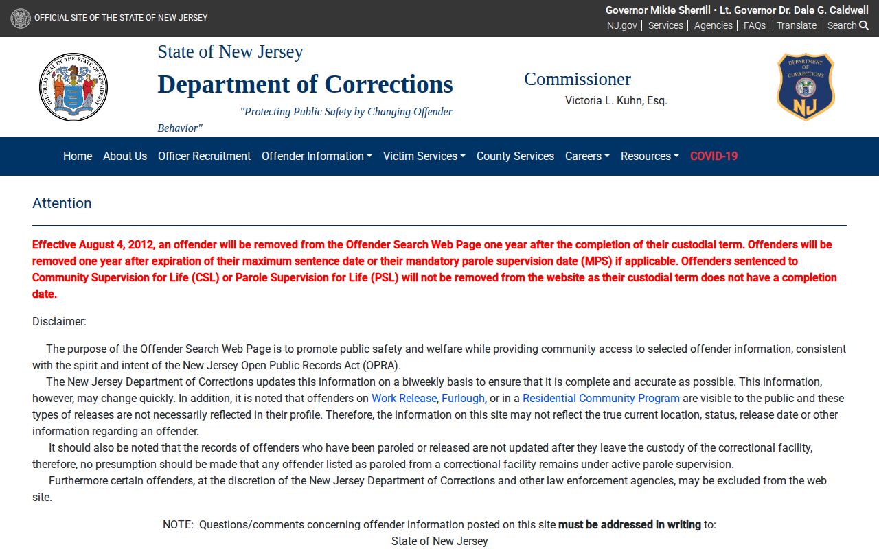 New Jersey DOC release search disclaimer for Hunterdon County inmates